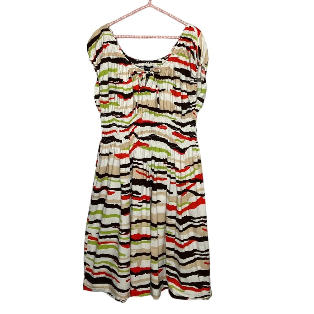 Ashley Stewart 22‎ White Brown Green Zebra Smocked Peasant A-Line Dress Plus 3X